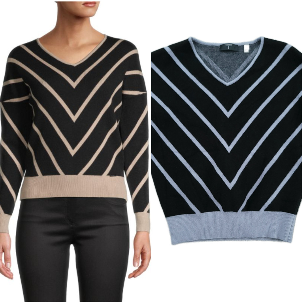 T Tahari Chevron Stripe V-Neck Sweater Black & Blue Women's Size Medium